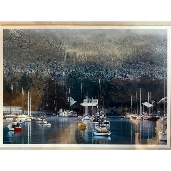 New vintage print sailboat harbor Bay Maine. Matted. Water Nautical - Picture 1 of 5